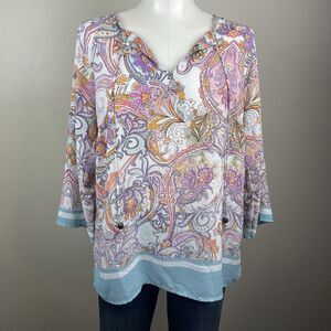 Rose & Thyme Multicolor Paisley Bohemian Print 3/4 Casual Sleeve Size M Blouse